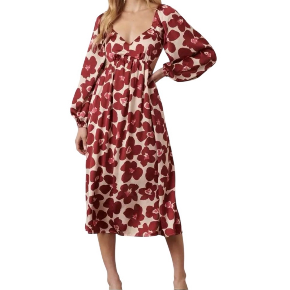 Vestique Red/Pink Large Floral Long Sleeve Dress By Vestique NC Boutique EUC